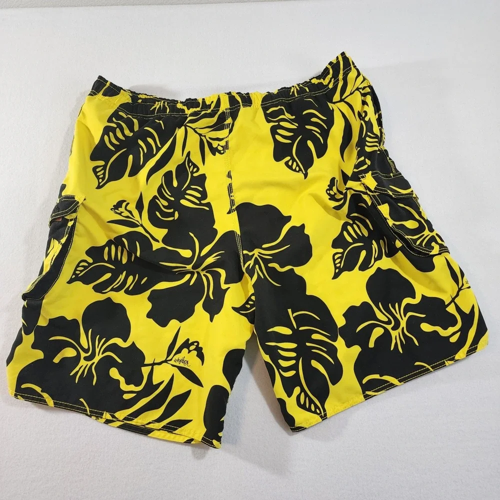 Quiksilver Mens XXL‎ Yellow Black Tropical Floral Cargo Board Shorts Swim Trunks